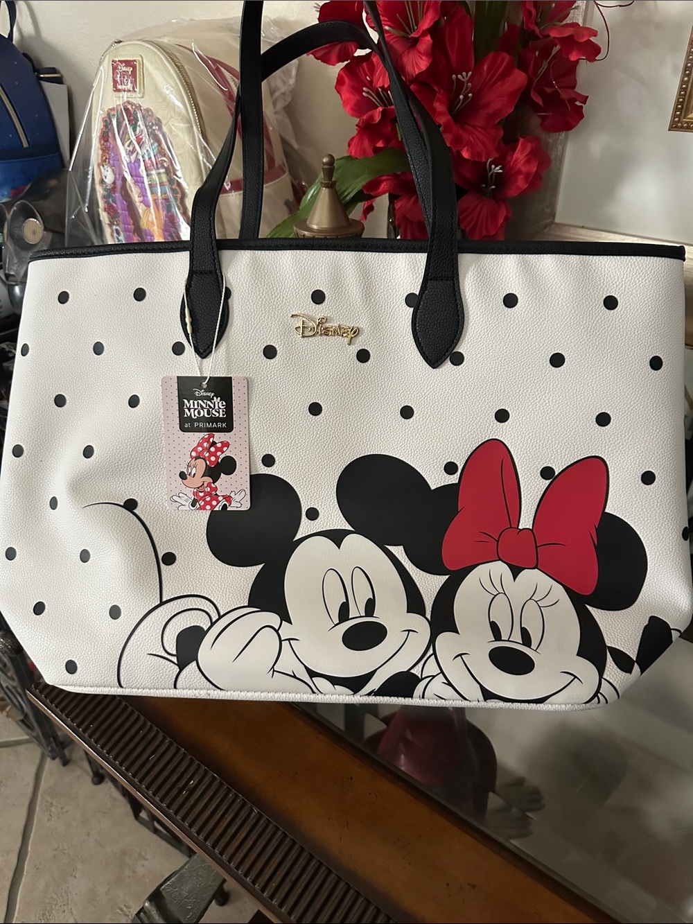 Disney Minnie & Mickey Polka Dot Tote Bag - White with Black & Red Accents NWT